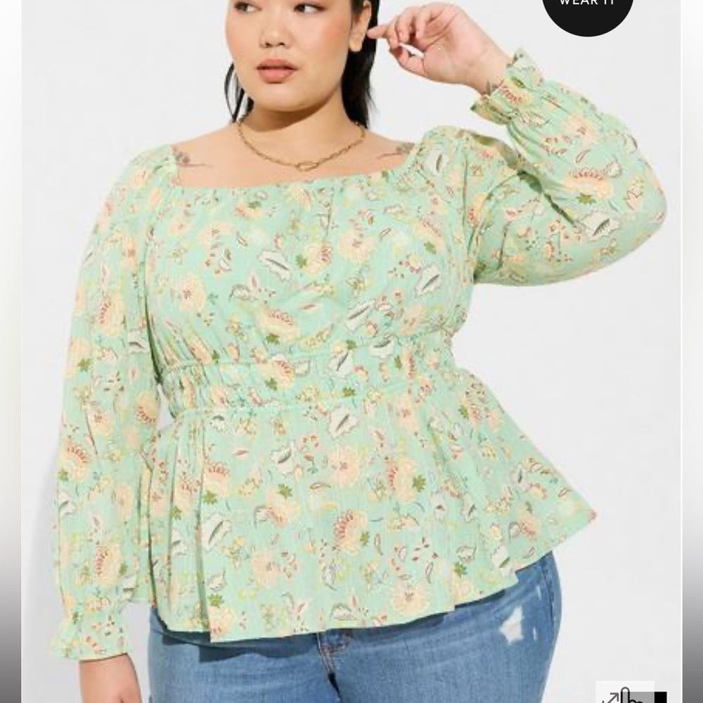 Torrid Cotton Clip Dot Blouson Sleeve Smocked Top light green babydoll peplum